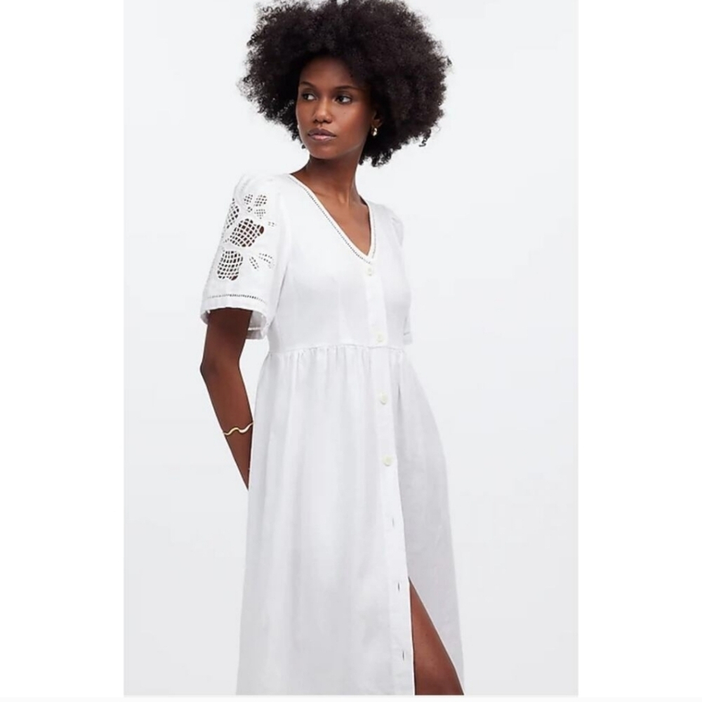 Madewell Cassie Button-Front Midi Dress in Embroidered Linen NWT S NQ631 White - Picture 1 of 10